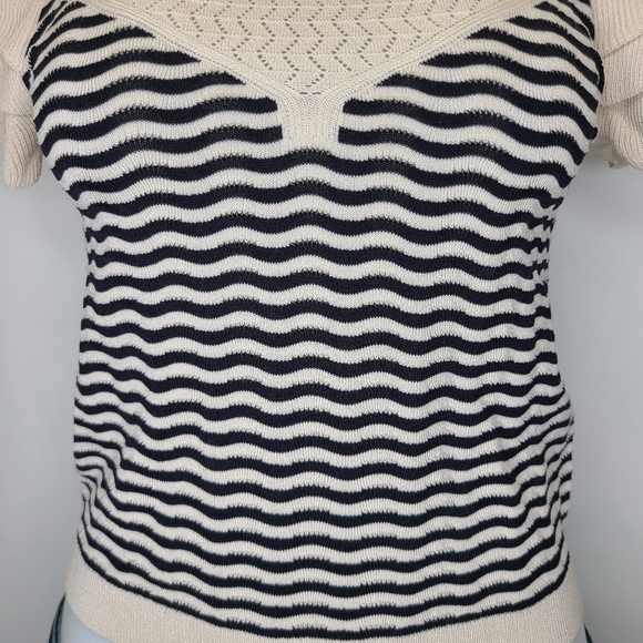 Express Striped Ruffle Flutter Sleeve Knit Top Sweater Black Sandshell Beige XS - Picture 6 of 13